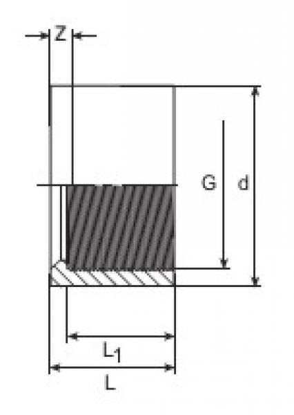 Gewindereduktion, kurz PVC PN16 d - G = 25 mm - 1/2" IG, Klebestutzen / Gewindemuffe